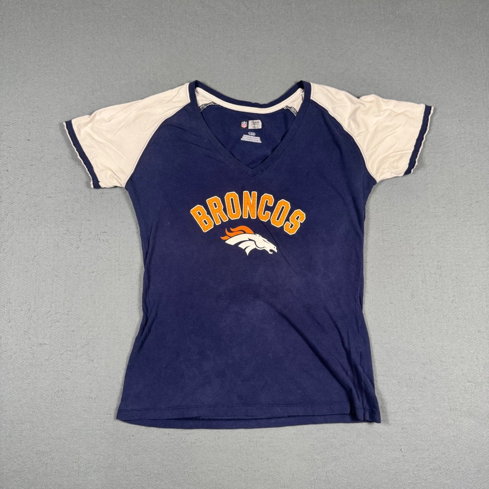 NFL Team Apparel Denver Broncos T-Shirt Womens Large Blue V-Neck Raglan Sleeve L